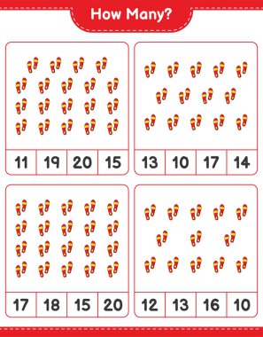 Maç sayıyorum, kaç Flip Flop. Eğitimsel çocuk oyunu, yazdırılabilir çalışma tablosu, vektör illüstrasyonu