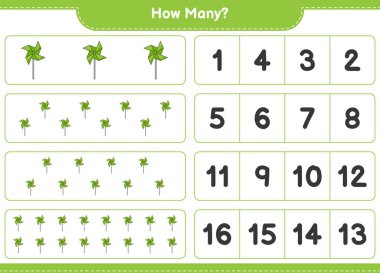 Sayma oyunu, kaç tane fırıldak. Eğitimsel çocuk oyunu, yazdırılabilir çalışma tablosu, vektör illüstrasyonu