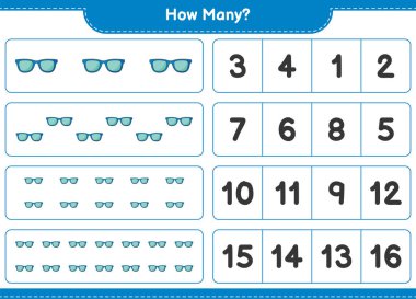 Maç sayısı, kaç tane güneş gözlüğü. Eğitimsel çocuk oyunu, yazdırılabilir çalışma tablosu, vektör illüstrasyonu