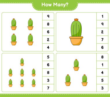 Kaç Kaktüs olduğunu sayıyorum. Eğitimsel çocuk oyunu, yazdırılabilir çalışma tablosu, vektör illüstrasyonu