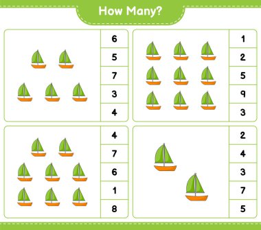 Maç sayısı, kaç yelkenli. Eğitimsel çocuk oyunu, yazdırılabilir çalışma tablosu, vektör illüstrasyonu