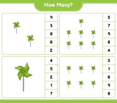 Sayma oyunu, kaç tane fırıldak. Eğitimsel çocuk oyunu, yazdırılabilir çalışma tablosu, vektör illüstrasyonu
