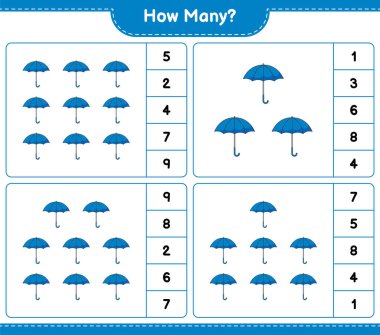 Maç sayısı, kaç Şemsiye. Eğitimsel çocuk oyunu, yazdırılabilir çalışma tablosu, vektör illüstrasyonu