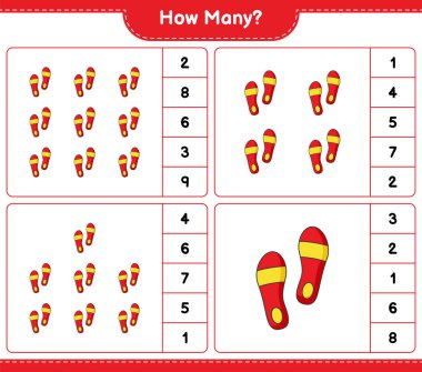 Maç sayıyorum, kaç Flip Flop. Eğitimsel çocuk oyunu, yazdırılabilir çalışma tablosu, vektör illüstrasyonu