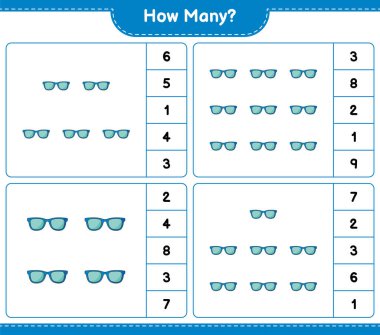 Maç sayısı, kaç tane güneş gözlüğü. Eğitimsel çocuk oyunu, yazdırılabilir çalışma tablosu, vektör illüstrasyonu
