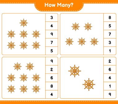 Ship Steering Wheel 'ın kaç tane oyunu olduğunu sayıyorum. Eğitimsel çocuk oyunu, yazdırılabilir çalışma tablosu, vektör illüstrasyonu