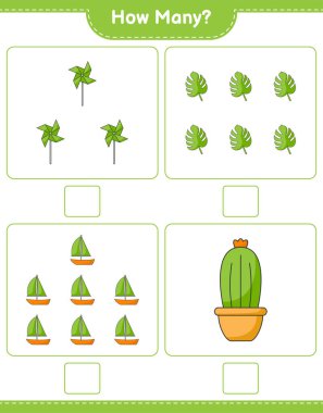 Kaç tane Kaktüs, Canavar, Yelkenli ve Fırıldak var? Eğitimsel çocuk oyunu, yazdırılabilir çalışma tablosu, vektör illüstrasyonu
