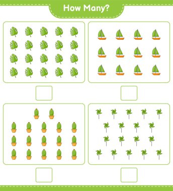 Kaç tane Kaktüs, Canavar, Yelkenli ve Fırıldak var? Eğitimsel çocuk oyunu, yazdırılabilir çalışma tablosu, vektör illüstrasyonu