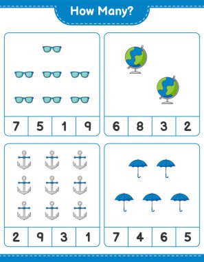 Sayma oyunu, kaç Globe, Şemsiye, Güneş gözlüğü ve Anchor. Eğitimsel çocuk oyunu, yazdırılabilir çalışma tablosu, vektör illüstrasyonu