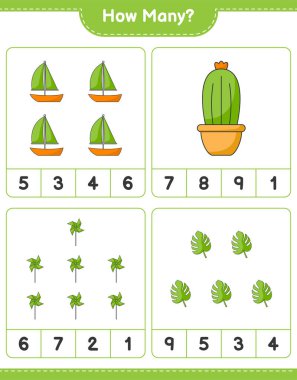 Kaç tane Kaktüs, Canavar, Yelkenli ve Fırıldak var? Eğitimsel çocuk oyunu, yazdırılabilir çalışma tablosu, vektör illüstrasyonu
