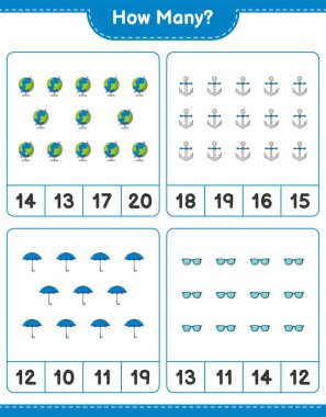 Sayma oyunu, kaç Globe, Şemsiye, Güneş gözlüğü ve Anchor. Eğitimsel çocuk oyunu, yazdırılabilir çalışma tablosu, vektör illüstrasyonu
