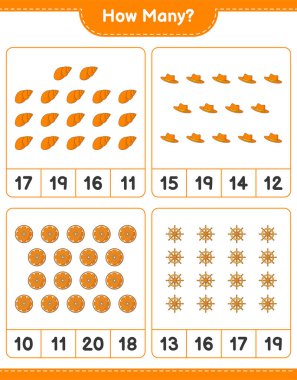 Sayma oyunu, kaç portakal, kaç gemi direksiyonu, deniz kabuğu ve kaç şapka. Eğitimsel çocuk oyunu, yazdırılabilir çalışma tablosu, vektör illüstrasyonu