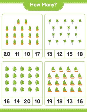 Kaç tane Kaktüs, Canavar, Yelkenli ve Fırıldak var? Eğitimsel çocuk oyunu, yazdırılabilir çalışma tablosu, vektör illüstrasyonu