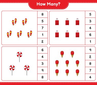 Sayma oyunu, kaç Flip Flop, Seyahat Çantası, Şeker ve Dondurma. Eğitimsel çocuk oyunu, yazdırılabilir çalışma tablosu, vektör illüstrasyonu