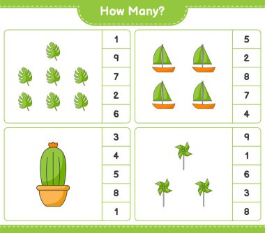 Kaç tane Kaktüs, Canavar, Yelkenli ve Fırıldak var? Eğitimsel çocuk oyunu, yazdırılabilir çalışma tablosu, vektör illüstrasyonu
