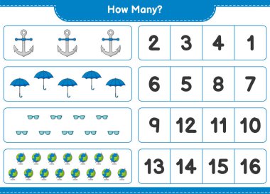 Sayma oyunu, kaç Globe, Şemsiye, Güneş gözlüğü ve Anchor. Eğitimsel çocuk oyunu, yazdırılabilir çalışma tablosu, vektör illüstrasyonu