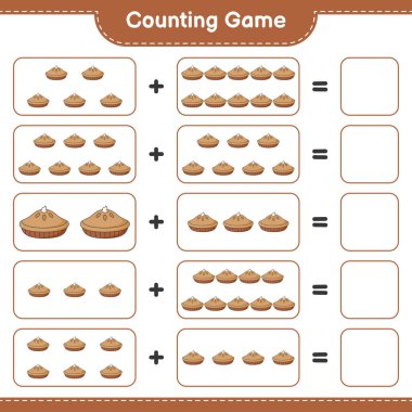 Oyun sayılıyor, turta sayısını say ve sonucu yaz. Eğitimsel çocuk oyunu, yazdırılabilir çalışma tablosu, vektör illüstrasyonu
