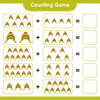Oyun sayılıyor, Şapka sayısını say ve sonucu yaz. Eğitimsel çocuk oyunu, yazdırılabilir çalışma tablosu, vektör illüstrasyonu