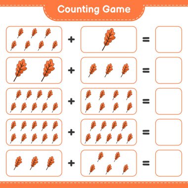 Oyun sayılıyor, Meşe Yaprağı sayısını say ve sonucu yaz. Eğitimsel çocuk oyunu, yazdırılabilir çalışma tablosu, vektör illüstrasyonu