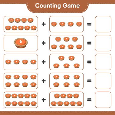 Oyun sayılıyor, turta sayısını say ve sonucu yaz. Eğitimsel çocuk oyunu, yazdırılabilir çalışma tablosu, vektör illüstrasyonu
