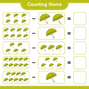 Oyun sayılıyor, Şemsiye sayısını say ve sonucu yaz. Eğitimsel çocuk oyunu, yazdırılabilir çalışma tablosu, vektör illüstrasyonu
