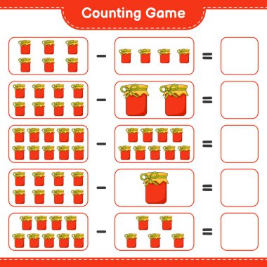 Oyun sayılıyor, reçel sayısını say ve sonucu yaz. Eğitimsel çocuk oyunu, yazdırılabilir çalışma tablosu, vektör illüstrasyonu