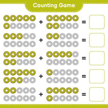 Oyun sayılıyor, Donut sayısını say ve sonucu yaz. Eğitimsel çocuk oyunu, yazdırılabilir çalışma tablosu, vektör illüstrasyonu