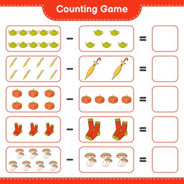 Oyun sayılıyor, Çay demliği, Şemsiye, Balkabağı, Çorap, Şitake 'in sayısını say ve sonucu yaz. Eğitimsel çocuk oyunu, yazdırılabilir çalışma tablosu, vektör illüstrasyonu