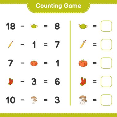 Oyun sayılıyor, Çay demliği, Şemsiye, Balkabağı, Çorap, Şitake 'in sayısını say ve sonucu yaz. Eğitimsel çocuk oyunu, yazdırılabilir çalışma tablosu, vektör illüstrasyonu