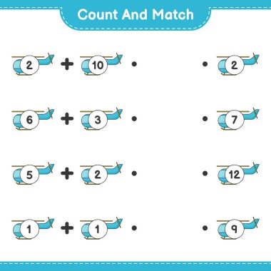 Say ve eşleştir, helikopter sayısını say ve doğru numaralarla eşleştir. Eğitimsel çocuk oyunu, yazdırılabilir çalışma tablosu, vektör illüstrasyonu