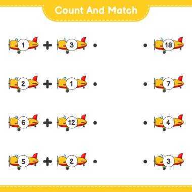 Say ve eşleştir, uçak sayısını say ve doğru sayılarla eşleştir. Eğitimsel çocuk oyunu, yazdırılabilir çalışma tablosu, vektör illüstrasyonu