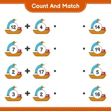 Say ve eşleştir, tekne sayısını say ve doğru rakamlarla eşleştir. Eğitimsel çocuk oyunu, yazdırılabilir çalışma tablosu, vektör illüstrasyonu