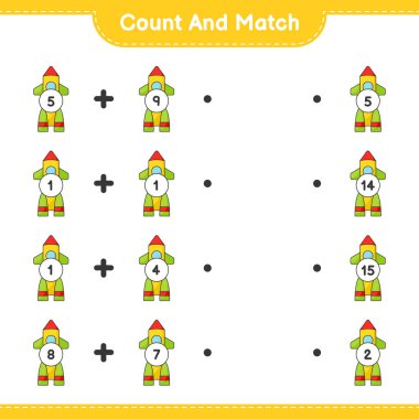 Say ve eşleştir, roket sayısını say ve doğru numaralarla eşleştir. Eğitimsel çocuk oyunu, yazdırılabilir çalışma tablosu, vektör illüstrasyonu