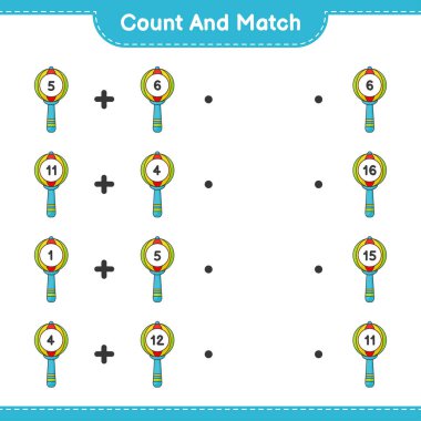 Say ve eşleştir, bebek tıkırtısını say ve doğru rakamlarla eşleştir. Eğitimsel çocuk oyunu, yazdırılabilir çalışma tablosu, vektör illüstrasyonu