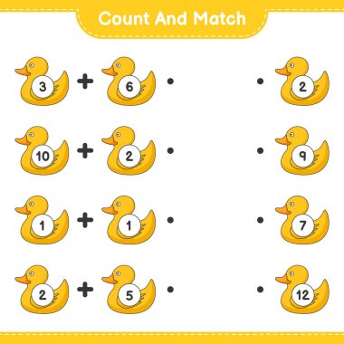 Say ve eşleştir, Rubber Duck 'ın sayısını say ve doğru rakamlarla eşleştir. Eğitimsel çocuk oyunu, yazdırılabilir çalışma tablosu, vektör illüstrasyonu