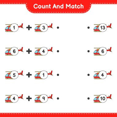 Say ve eşleştir, helikopter sayısını say ve doğru numaralarla eşleştir. Eğitimsel çocuk oyunu, yazdırılabilir çalışma tablosu, vektör illüstrasyonu