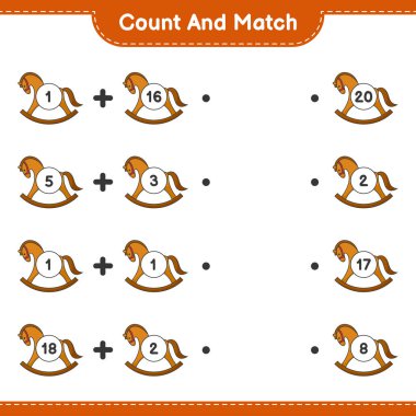 Say ve eşleştir, Sallanan At sayısını say ve doğru sayılarla eşleştir. Eğitimsel çocuk oyunu, yazdırılabilir çalışma tablosu, vektör illüstrasyonu