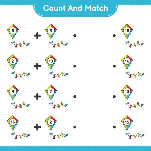 Say ve eşleştir, Kite sayısını say ve doğru sayılarla eşleştir. Eğitimsel çocuk oyunu, yazdırılabilir çalışma tablosu, vektör illüstrasyonu