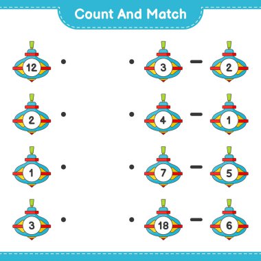 Say ve eşleştir, Whirligig Oyuncak sayısını say ve doğru numaralarla eşleştir. Eğitimsel çocuk oyunu, yazdırılabilir çalışma tablosu, vektör illüstrasyonu