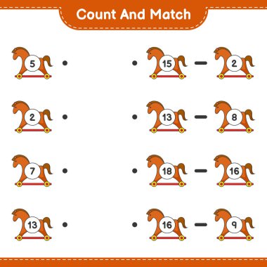 Say ve eşleştir, Sallanan At sayısını say ve doğru sayılarla eşleştir. Eğitimsel çocuk oyunu, yazdırılabilir çalışma tablosu, vektör illüstrasyonu