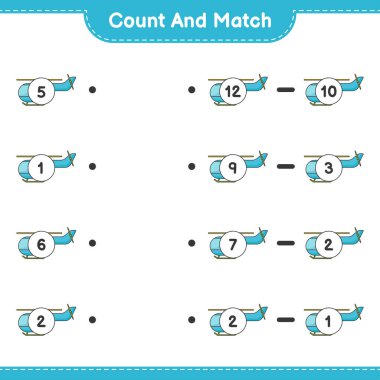Say ve eşleştir, helikopter sayısını say ve doğru numaralarla eşleştir. Eğitimsel çocuk oyunu, yazdırılabilir çalışma tablosu, vektör illüstrasyonu