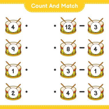 Say ve eşleştir, davul sayısını say ve doğru sayılarla eşleştir. Eğitimsel çocuk oyunu, yazdırılabilir çalışma tablosu, vektör illüstrasyonu