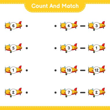 Say ve eşleştir, uçak sayısını say ve doğru sayılarla eşleştir. Eğitimsel çocuk oyunu, yazdırılabilir çalışma tablosu, vektör illüstrasyonu