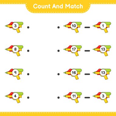 Say ve eşleştir, su tabancası sayısını say ve doğru rakamlarla eşleştir. Eğitimsel çocuk oyunu, yazdırılabilir çalışma tablosu, vektör illüstrasyonu