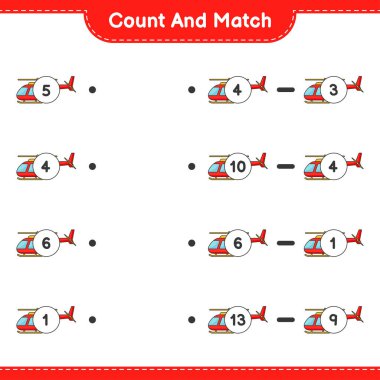 Say ve eşleştir, helikopter sayısını say ve doğru numaralarla eşleştir. Eğitimsel çocuk oyunu, yazdırılabilir çalışma tablosu, vektör illüstrasyonu