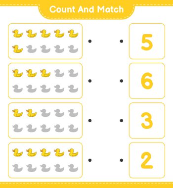 Say ve eşleştir, Rubber Duck 'ın sayısını say ve doğru rakamlarla eşleştir. Eğitimsel çocuk oyunu, yazdırılabilir çalışma tablosu, vektör illüstrasyonu