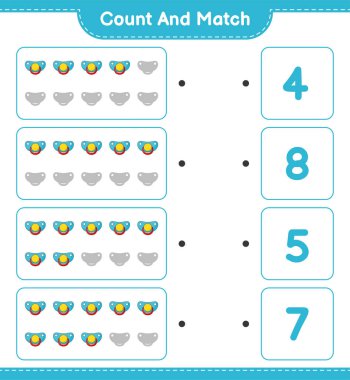 Say ve eşleştir, emzik sayısını say ve doğru sayılarla eşleştir. Eğitimsel çocuk oyunu, yazdırılabilir çalışma tablosu, vektör illüstrasyonu