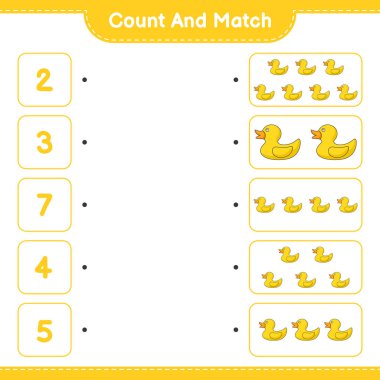 Say ve eşleştir, Rubber Duck 'ın sayısını say ve doğru rakamlarla eşleştir. Eğitimsel çocuk oyunu, yazdırılabilir çalışma tablosu, vektör illüstrasyonu