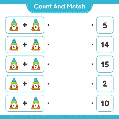 Say ve eşleştir, Piramit Oyuncak sayısını say ve doğru sayılarla eşleştir. Eğitimsel çocuk oyunu, yazdırılabilir çalışma tablosu, vektör illüstrasyonu
