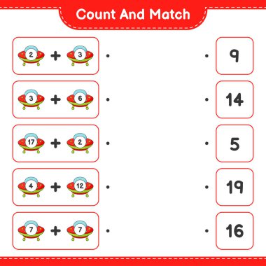 Say ve eşleştir, Ufo sayısını say ve doğru sayılarla eşleştir. Eğitimsel çocuk oyunu, yazdırılabilir çalışma tablosu, vektör illüstrasyonu